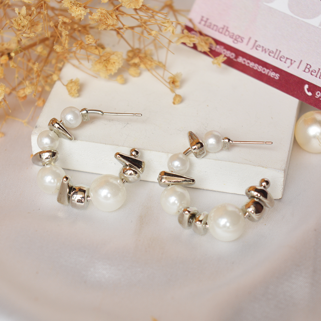 Silver pearl hoops